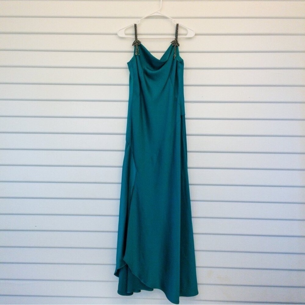 Rickie Freeman for Teri Jon Teal Beaded Strap Gown – Size 2 Cowl Neck Formal - Picture 5 of 5